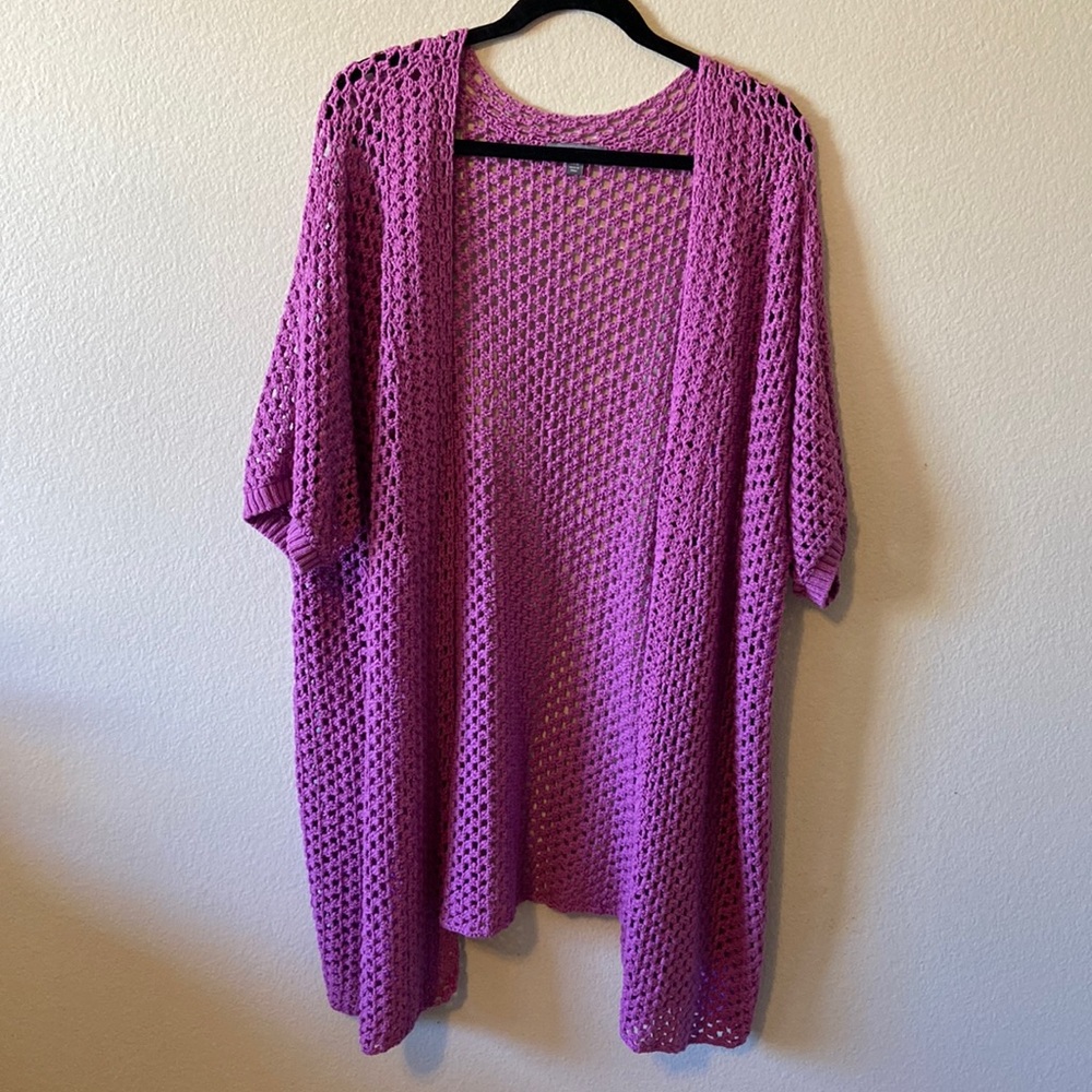 Jessica London Soft Fuchsia Crochet Long Cardigan